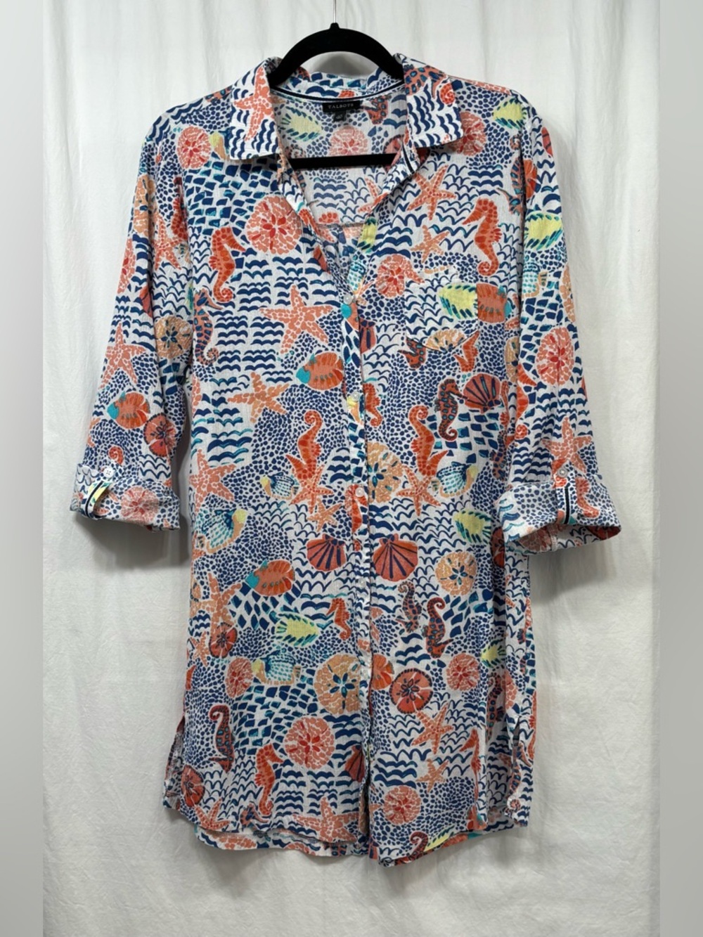 Talbots Beach Shirt Coverup XS Seahorse Button Up Cotton Nautical Coastal - Picture 6 of 16